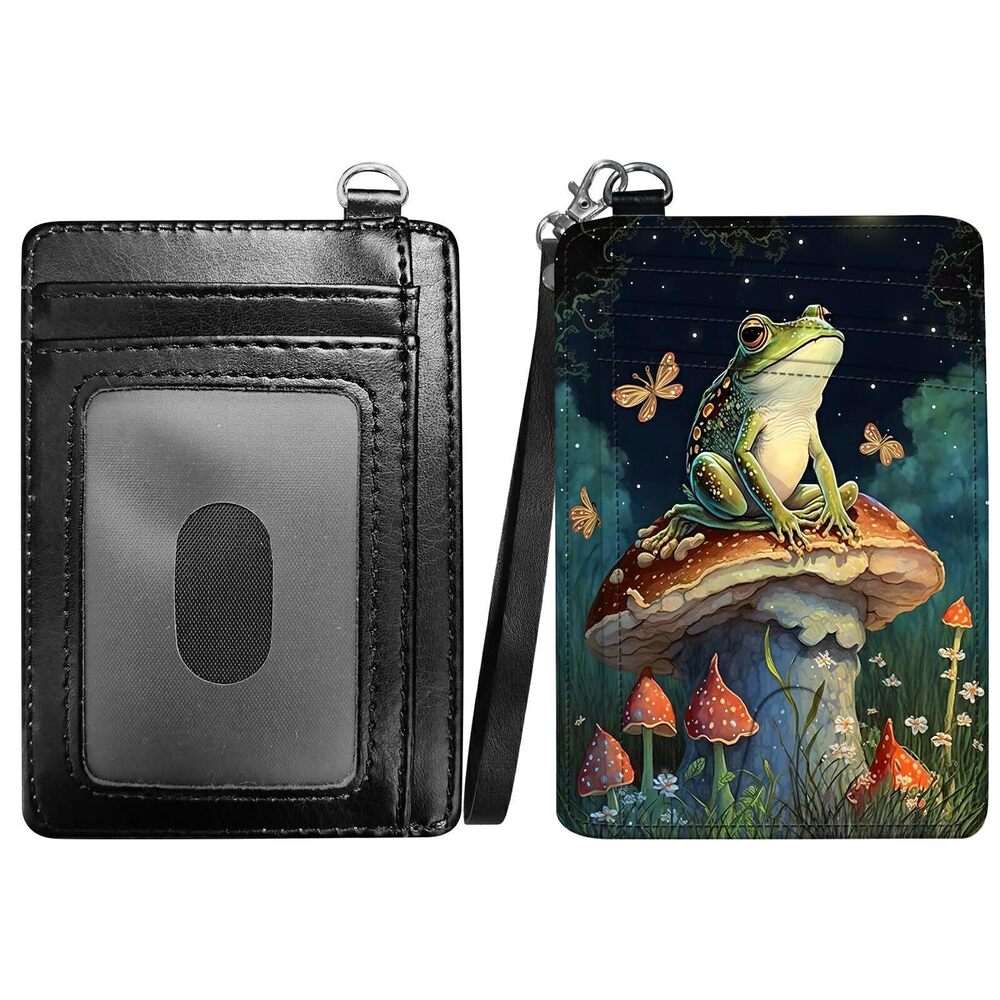 1386 Mushroom Frog Slim Minimalist Wallet with Lanyard Strap, PU Leather